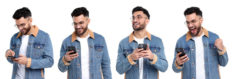 Young man using smartphone on white background, set of photos