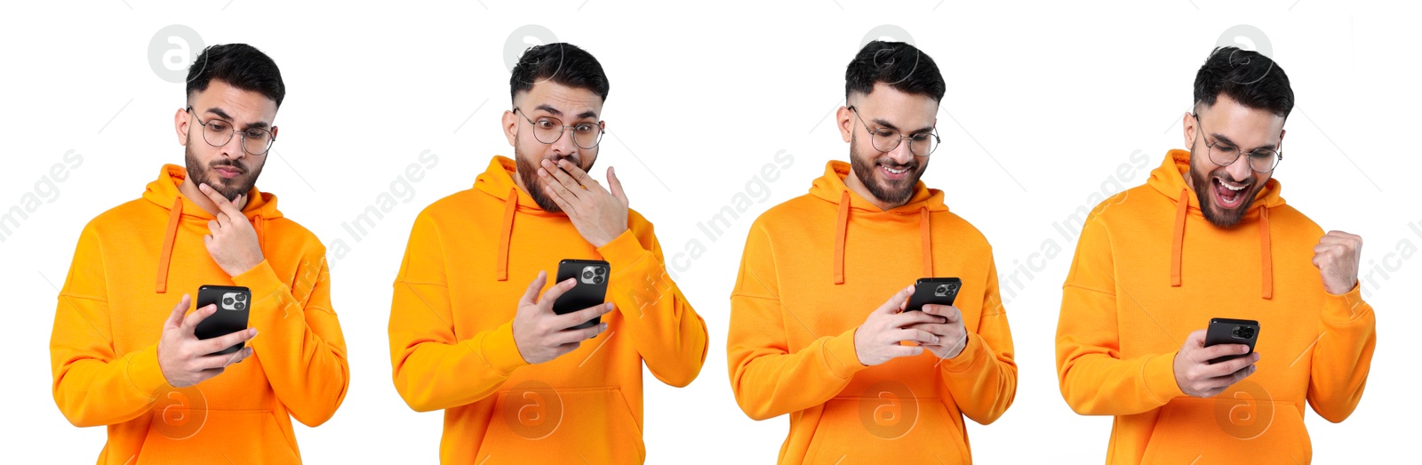 Image of Young man using smartphone on white background, set of photos