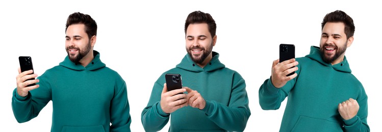 Image of Young man using smartphone on white background, set of photos