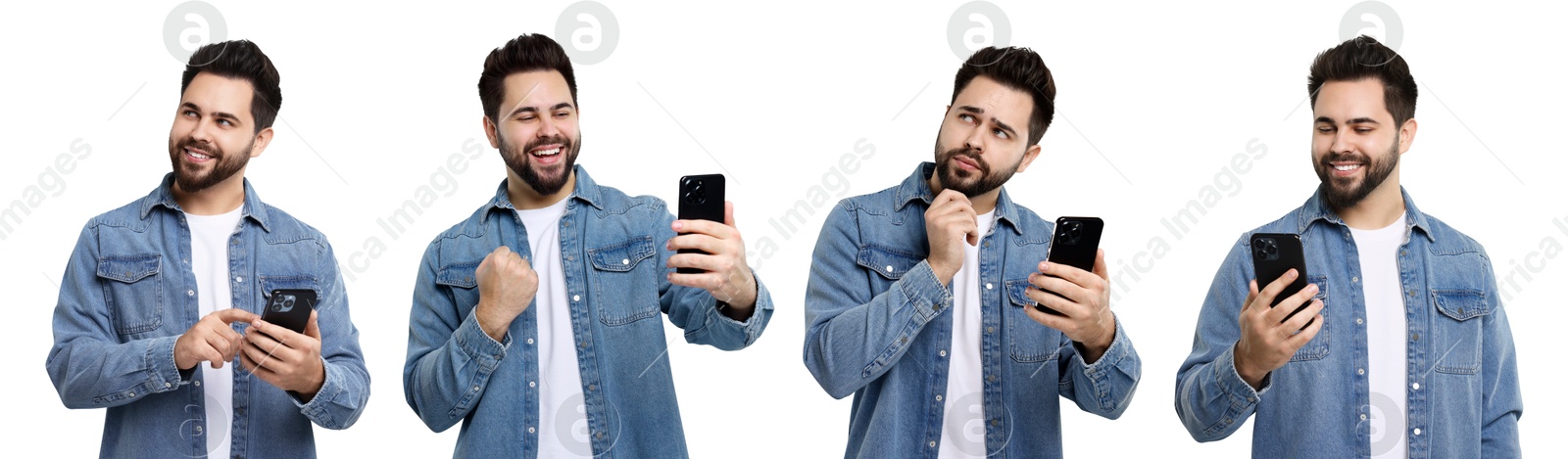 Image of Young man using smartphone on white background, set of photos