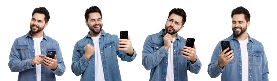 Image of Young man using smartphone on white background, set of photos