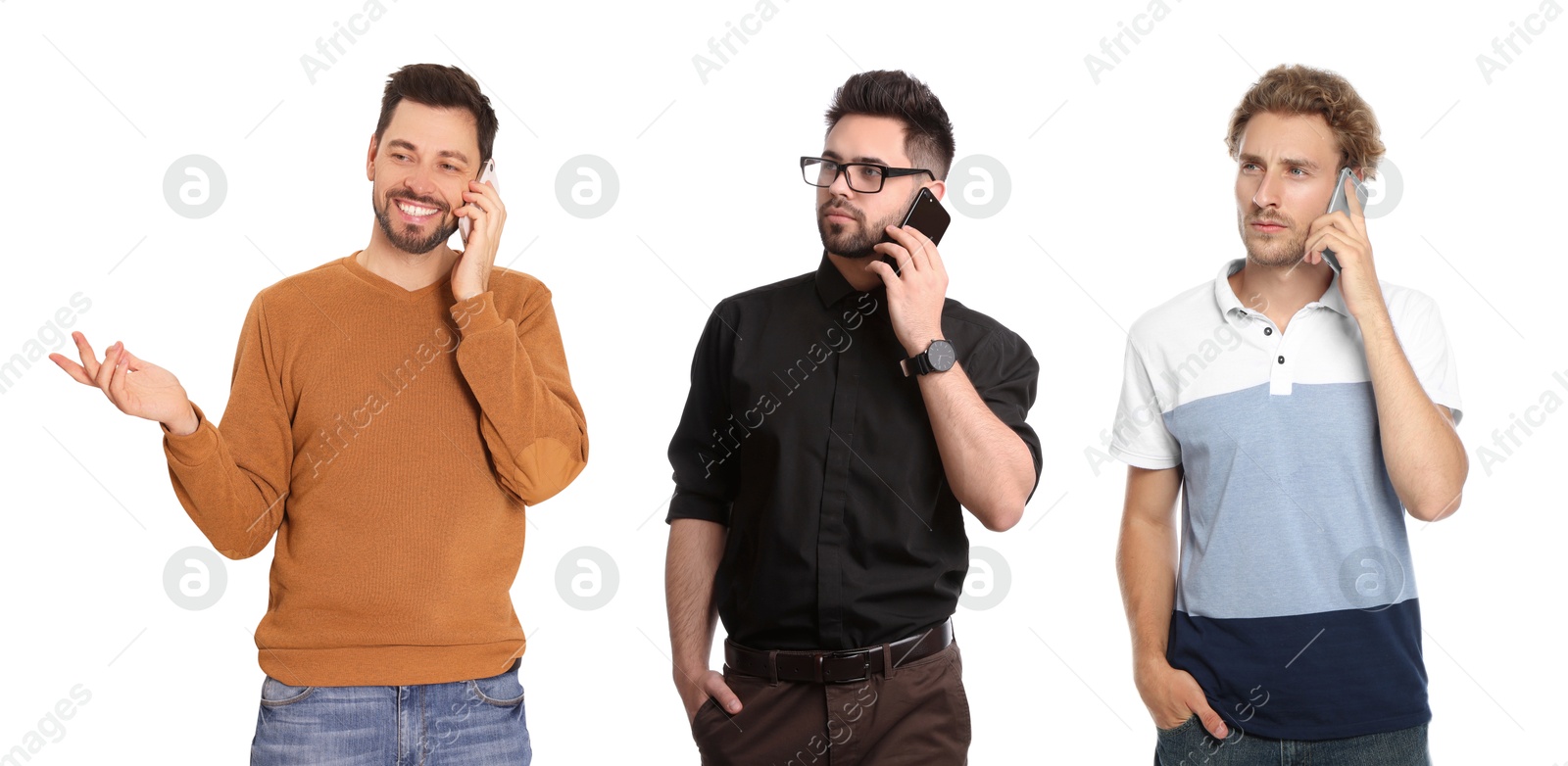 Image of Men using mobile phones on white background