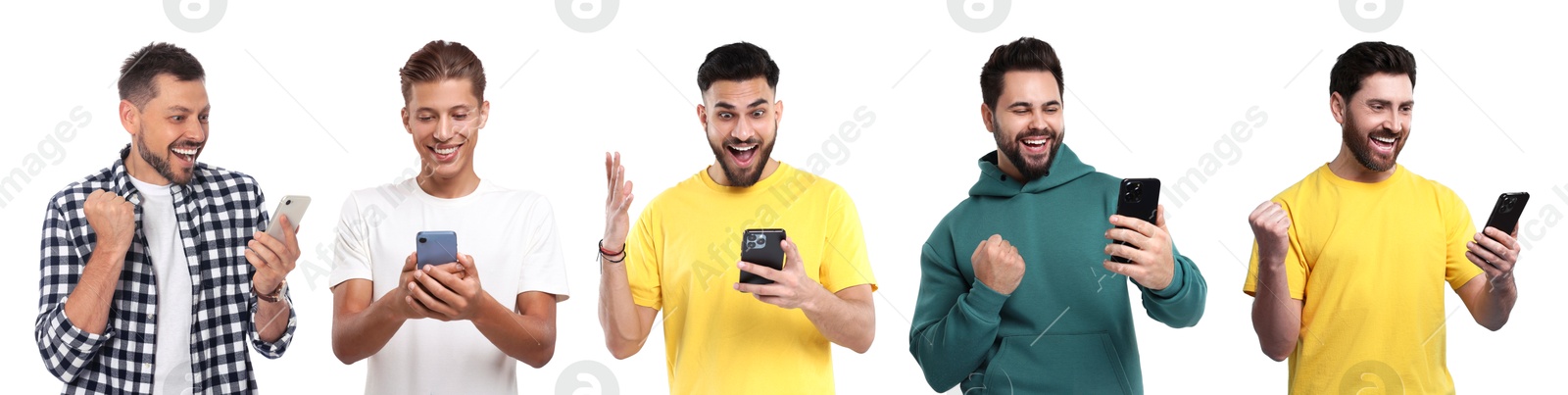 Image of Men using mobile phones on white background