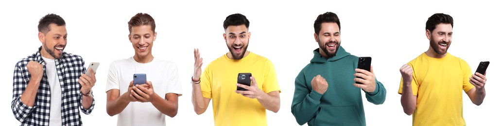 Image of Men using mobile phones on white background