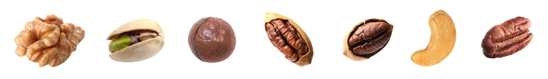 Image of Different nuts on white background, collection. Pecan, walnut, pistachio, macadamia and cashew