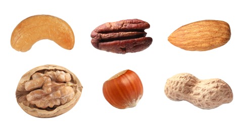 Different nuts on white background, collection. Pecan, walnut, hazelnut, almond, peanut and cashew