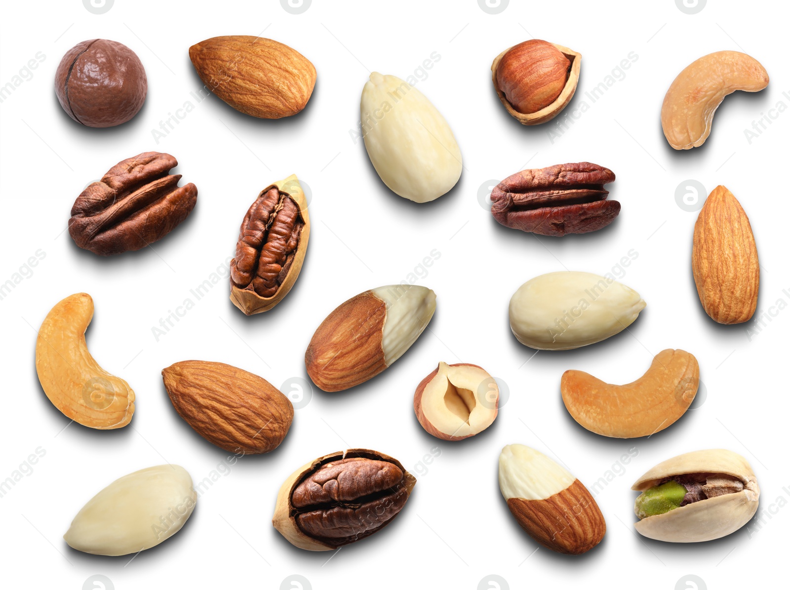 Image of Different nuts on white background, collection. Pecan, pistachio, macadamia, hazelnut, almond and cashew