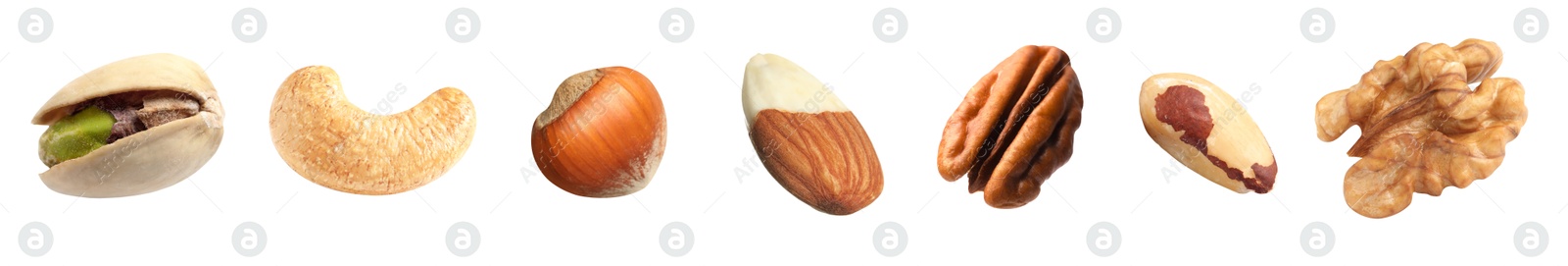 Image of Different nuts on white background, collection. Pecan, walnut, pistachio, brazil nut, hazelnut, almond and cashew