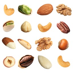 Image of Different nuts on white background, collection. Pecan, walnut, pistachio, brazil nut, hazelnut, almond and cashew