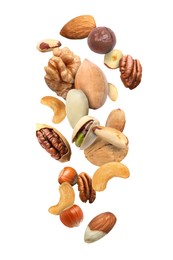 Image of Pecan and other nuts in air on white background