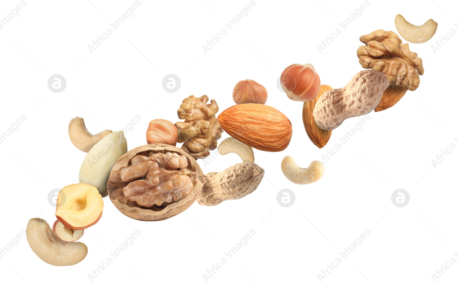 Image of Mix of nuts in air on white background