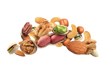 Image of Pecan and other nuts in air on white background