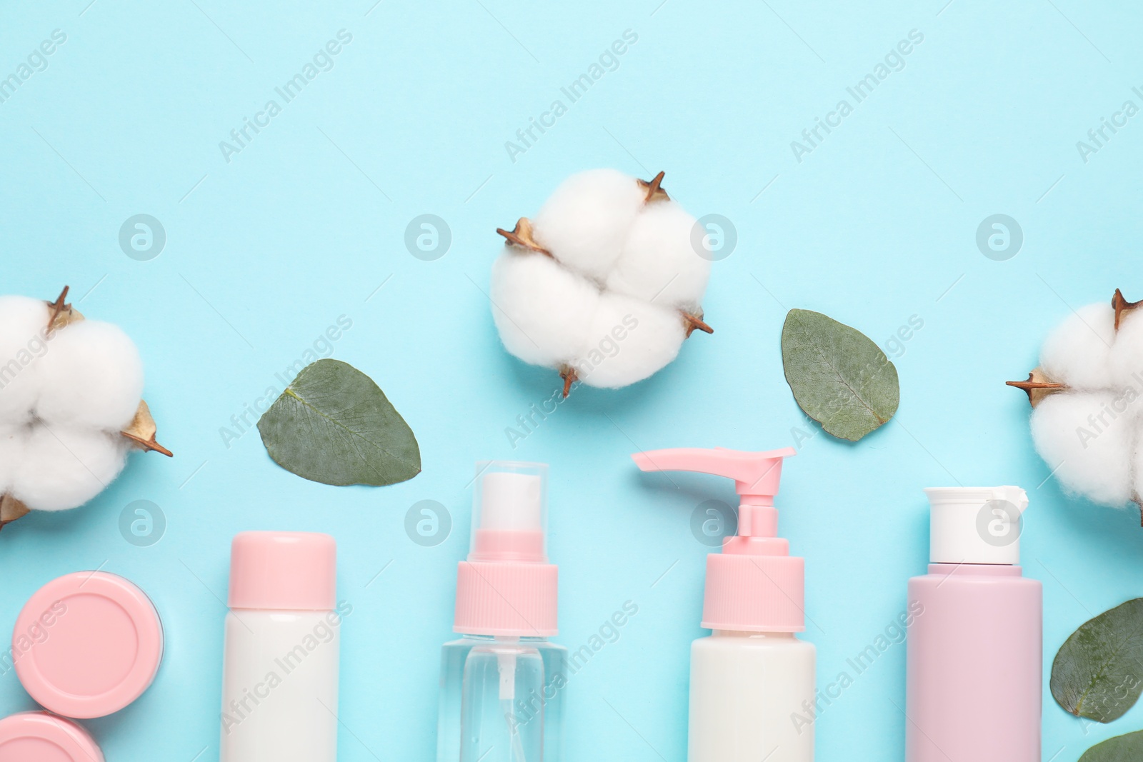 Photo of Different cosmetic products, leaves and cotton flowers on light blue background, flat lay