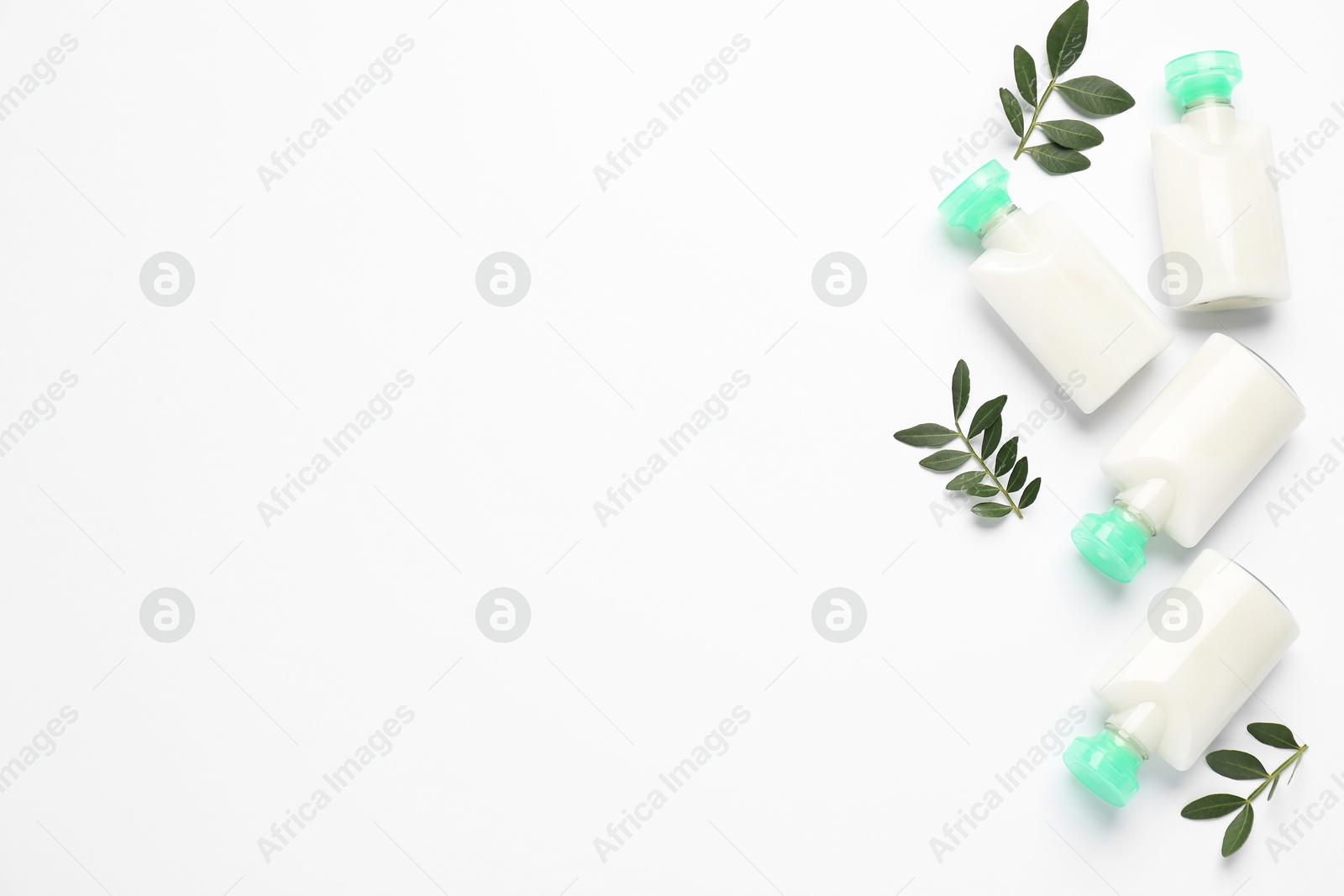 Photo of Cosmetic products and leaves on white background, flat lay. Space for text