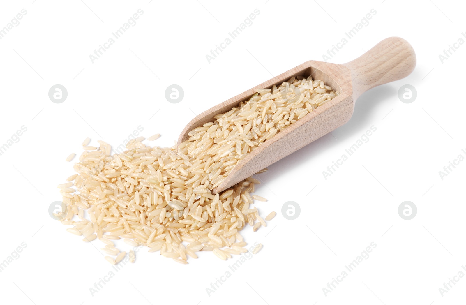 Photo of Raw rice in wooden scoop isolated on white