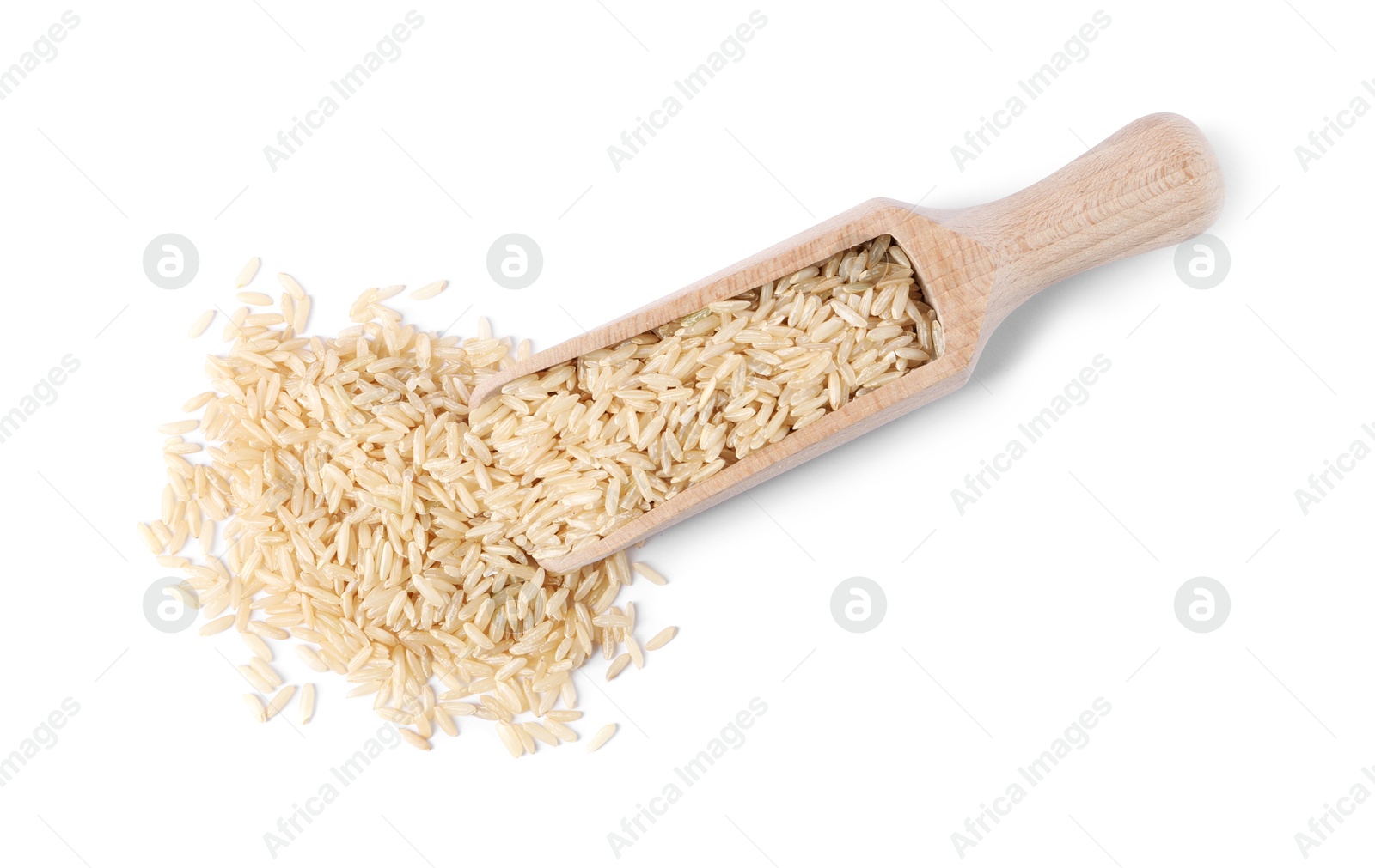 Photo of Raw rice in wooden scoop isolated on white, top view