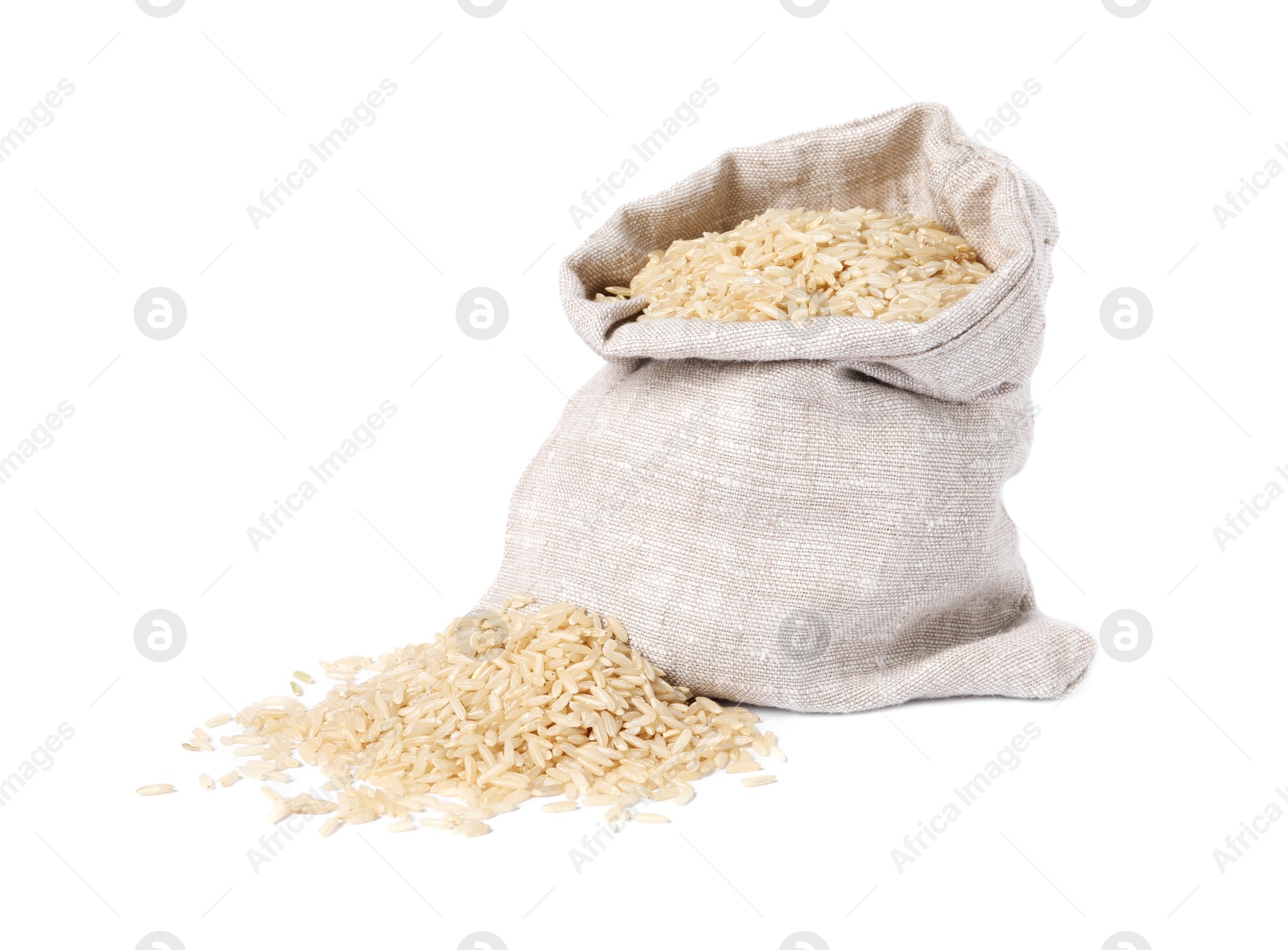 Photo of Raw rice in burlap isolated on white