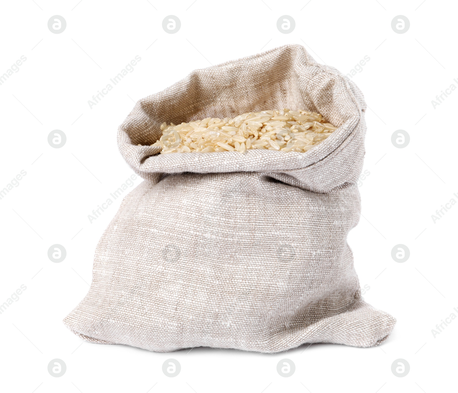 Photo of Raw rice in burlap isolated on white