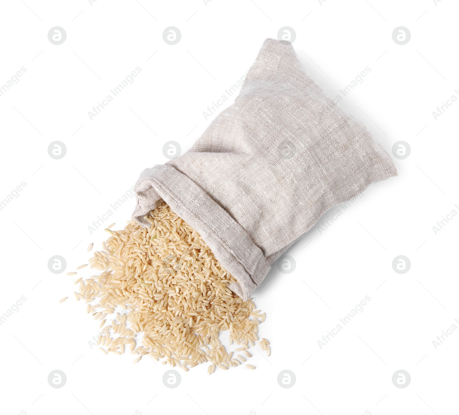 Photo of Raw rice in burlap isolated on white, top view