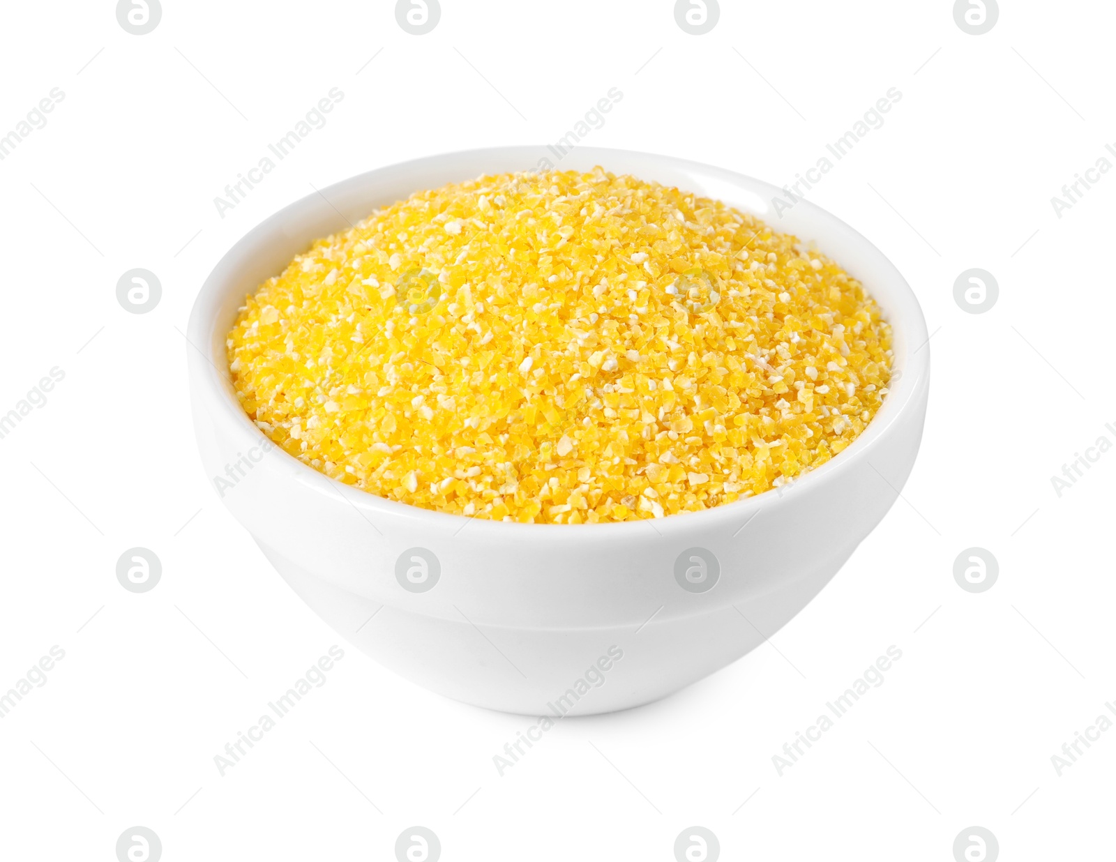 Photo of Raw cornmeal in bowl isolated on white