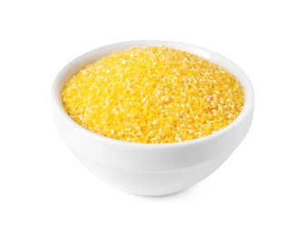 Photo of Raw cornmeal in bowl isolated on white