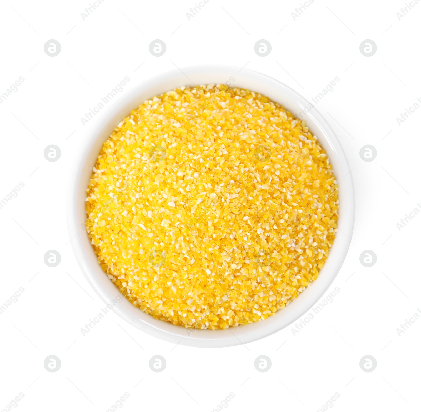 Photo of Raw cornmeal in bowl isolated on white, top view