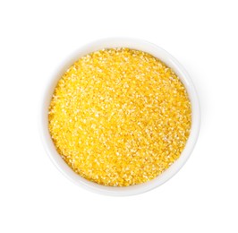 Photo of Raw cornmeal in bowl isolated on white, top view