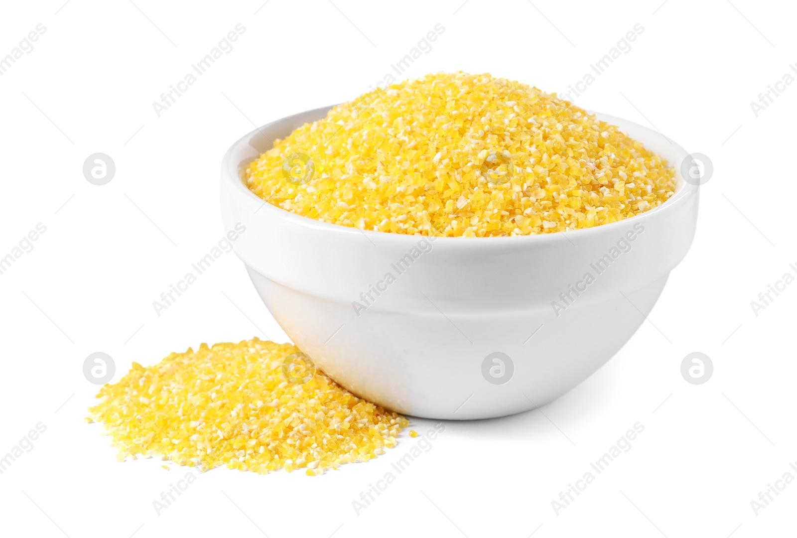 Photo of Raw cornmeal in bowl isolated on white