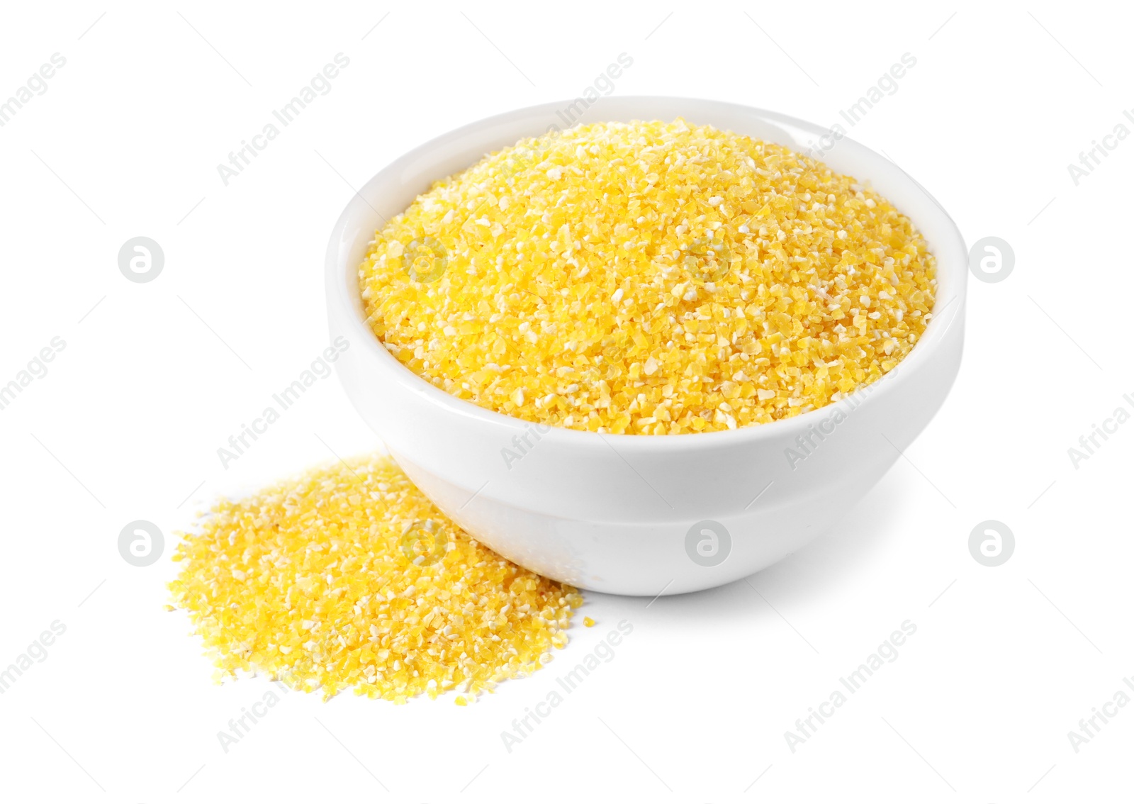 Photo of Raw cornmeal in bowl isolated on white