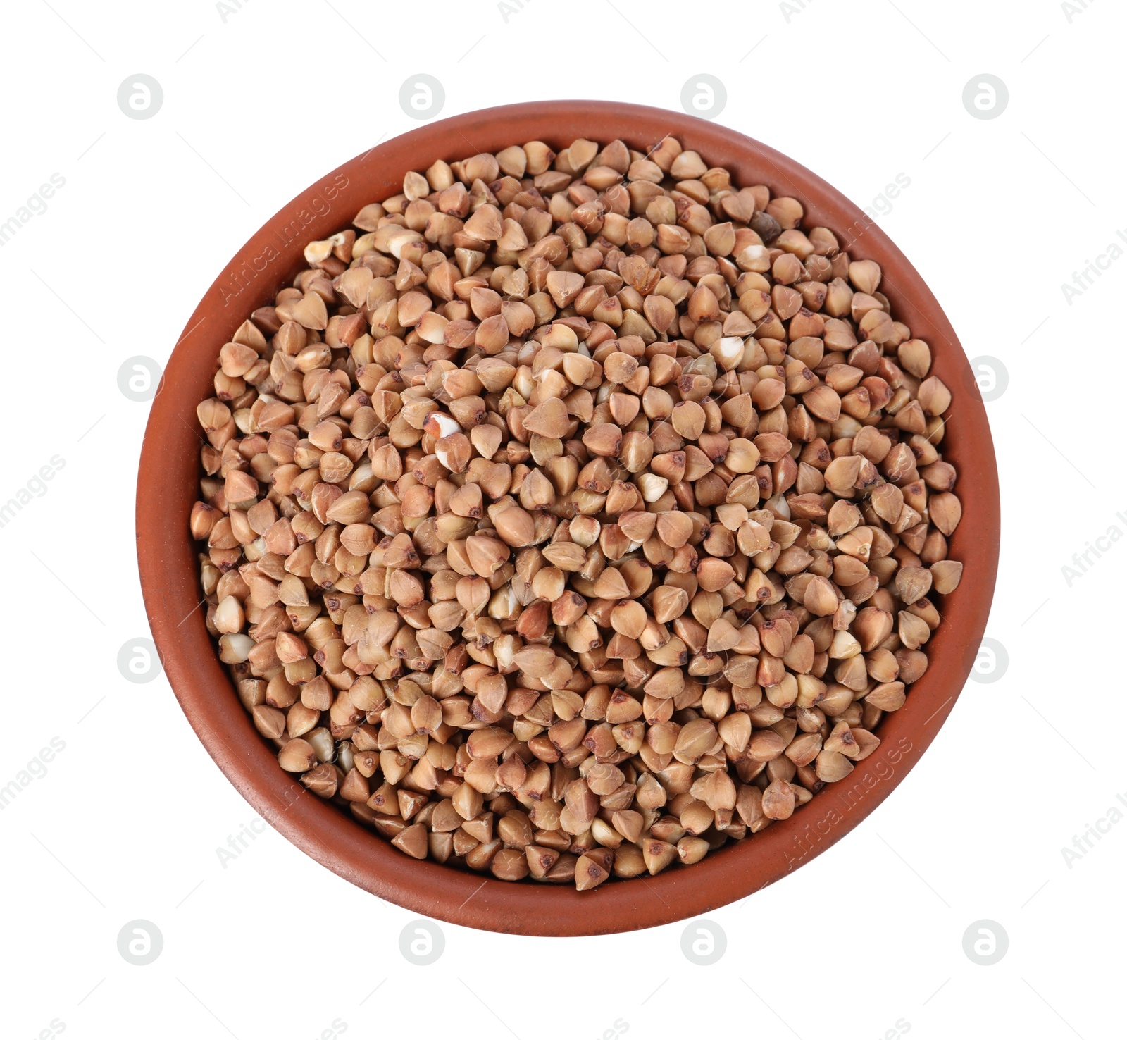 Photo of Raw buckwheat in bowl isolated on white, top view