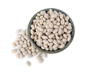 Photo of Dried beans in bowl isolated on white, top view