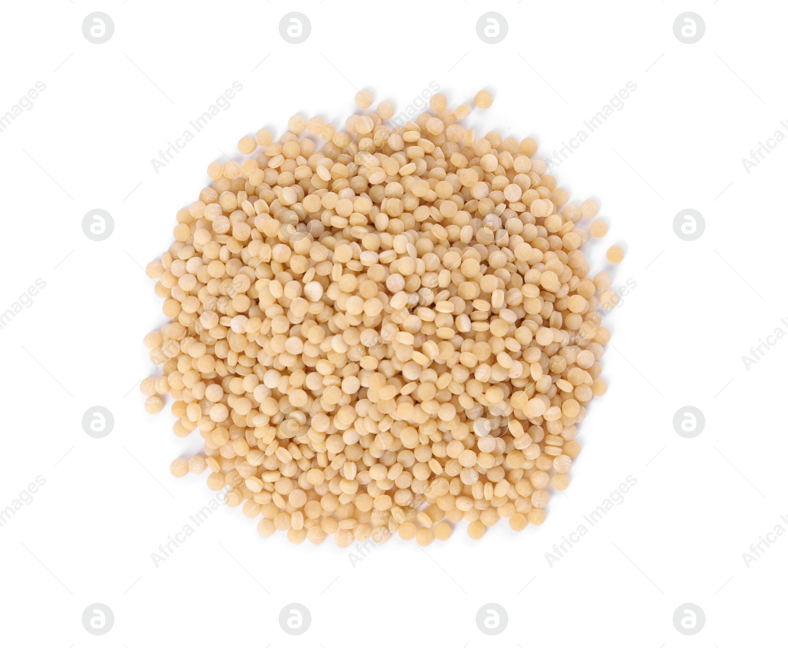 Photo of Heap of raw couscous isolated on white, top view