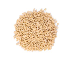 Photo of Heap of raw couscous isolated on white, top view