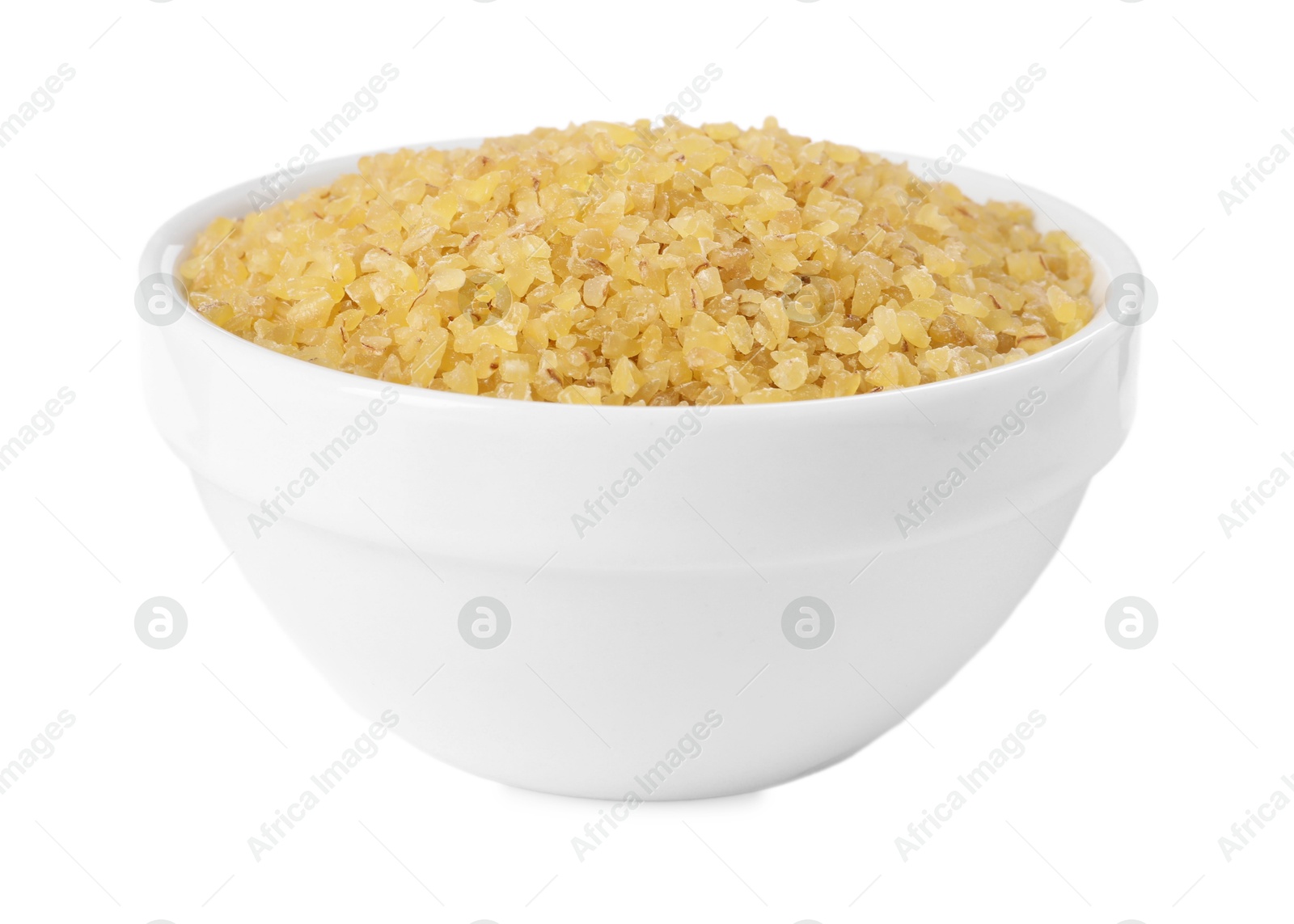 Photo of Raw bulgur in bowl isolated on white