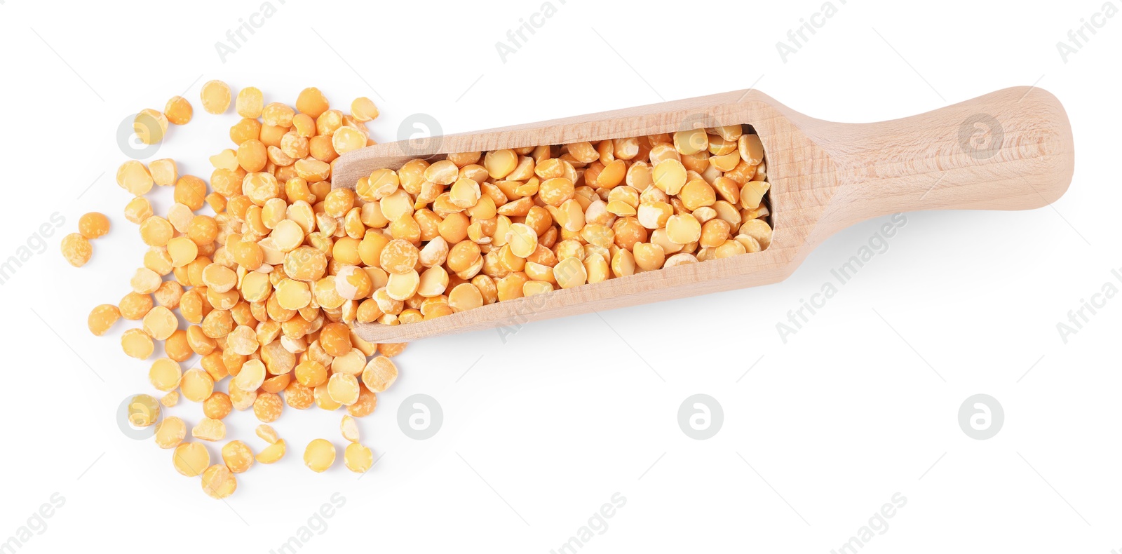 Photo of Dried peas in wooden scoop isolated on white, top view