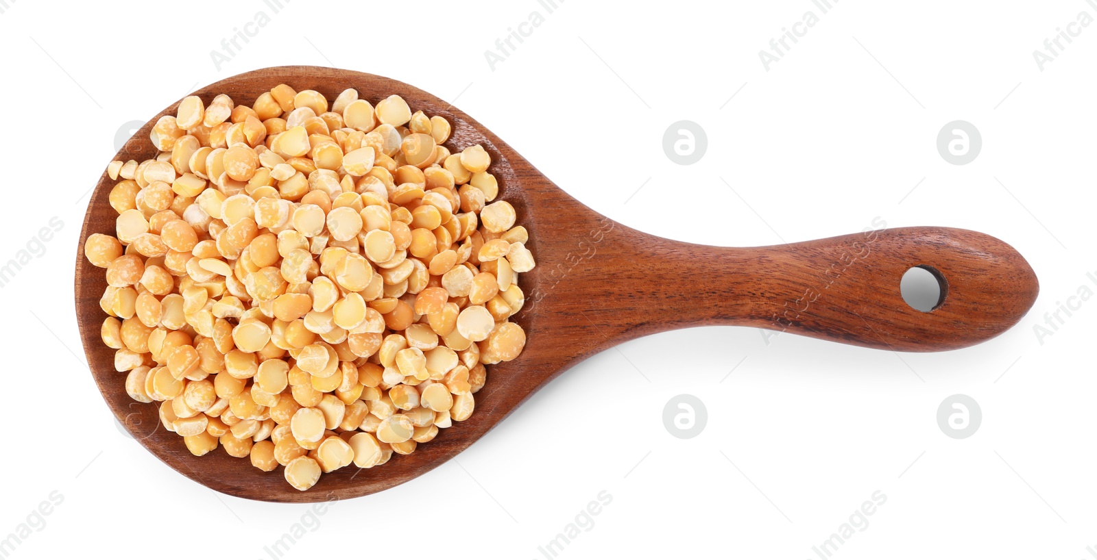 Photo of Dried peas in wooden spoon isolated on white, top view