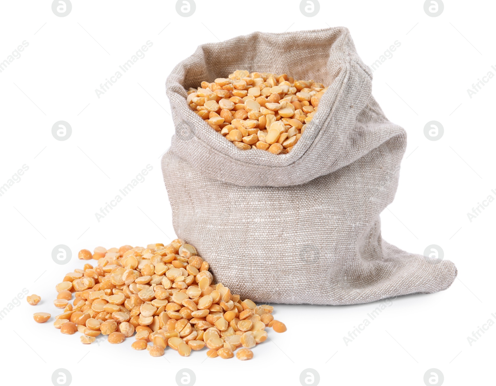 Photo of Dried peas in burlap sack isolated on white