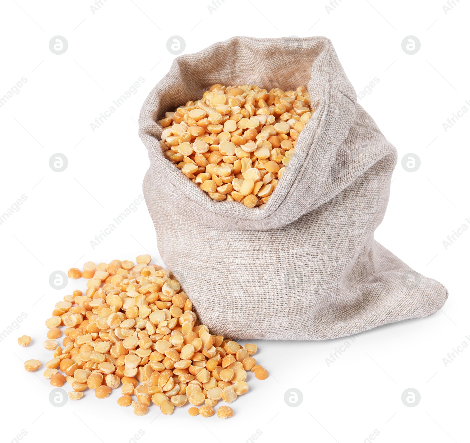 Photo of Dried peas in burlap sack isolated on white