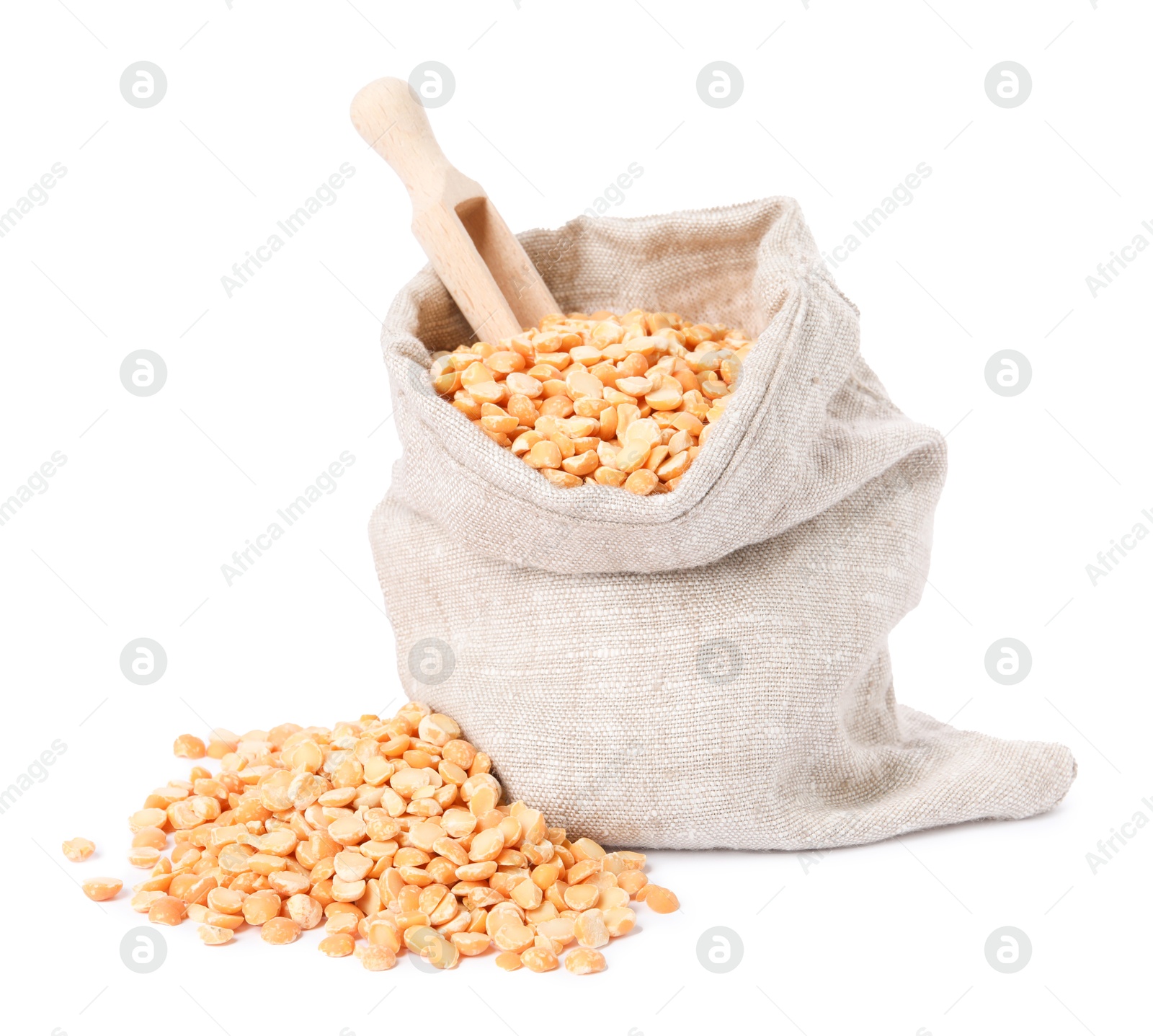 Photo of Dried peas in burlap sack and wooden scoop isolated on white