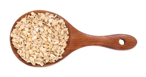 Photo of Dry oat flakes in wooden spoon isolated on white, top view