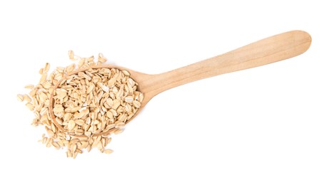 Photo of Dry oat flakes in wooden spoon isolated on white, top view