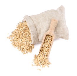 Photo of Dry oat flakes, overturned burlap sack and wooden scoop isolated on white, top view