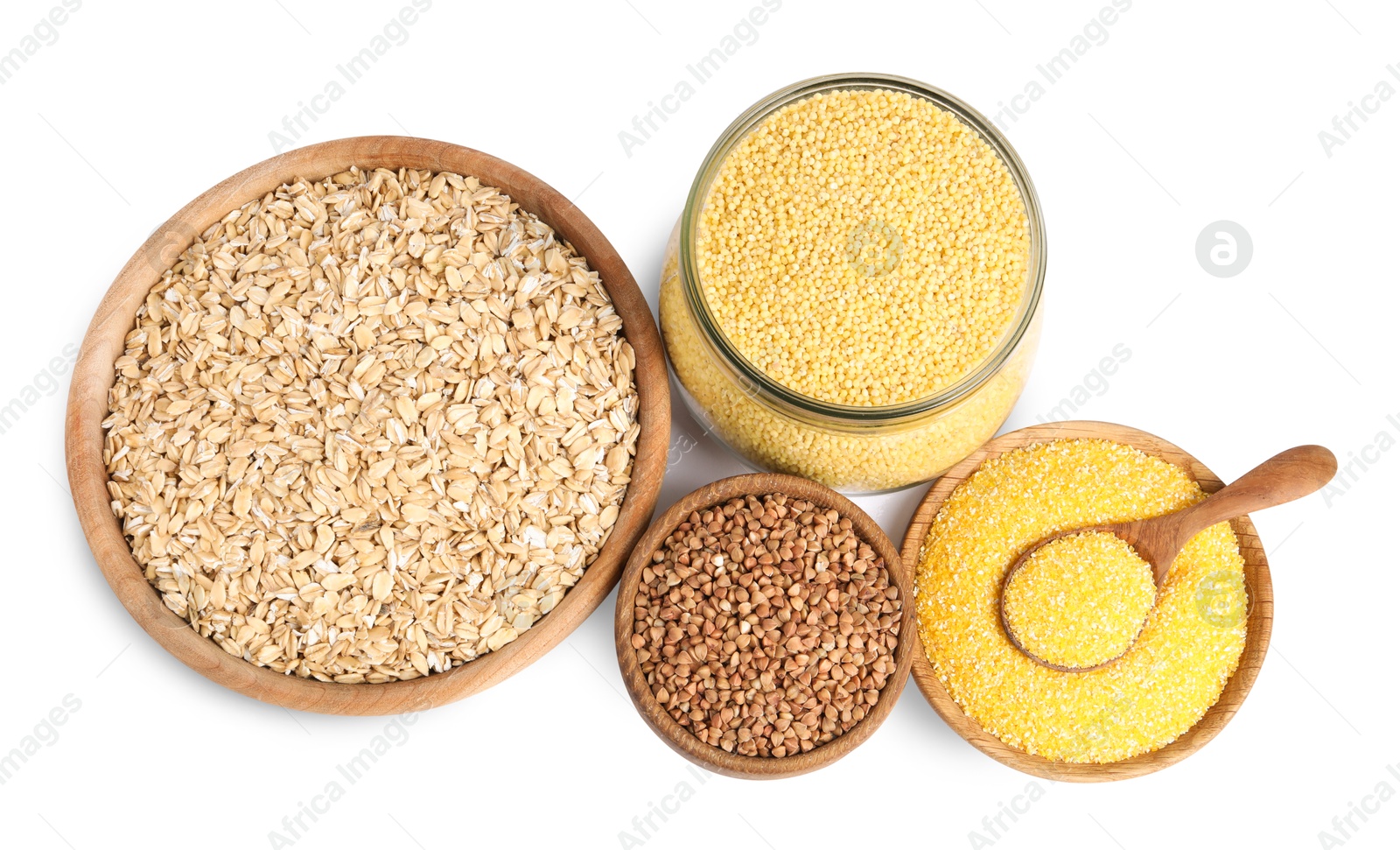 Photo of Different cereal grains isolated on white, top view