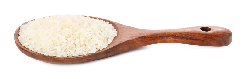 Photo of Raw rice in wooden spoon isolated on white