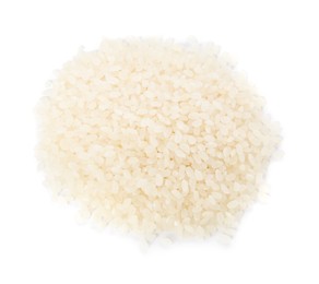 Photo of Heap of raw rice isolated on white, top view