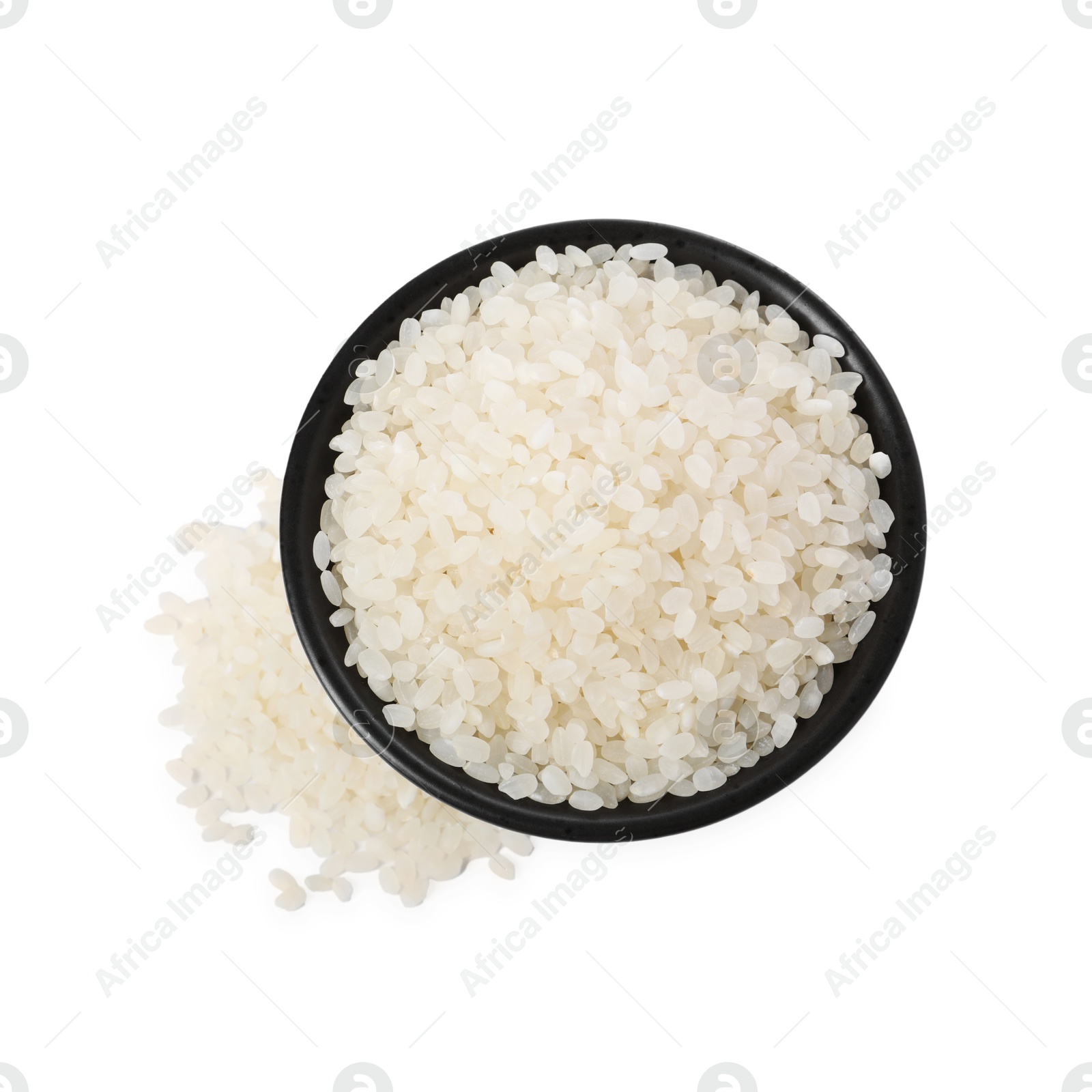 Photo of Raw rice in bowl isolated on white, top view