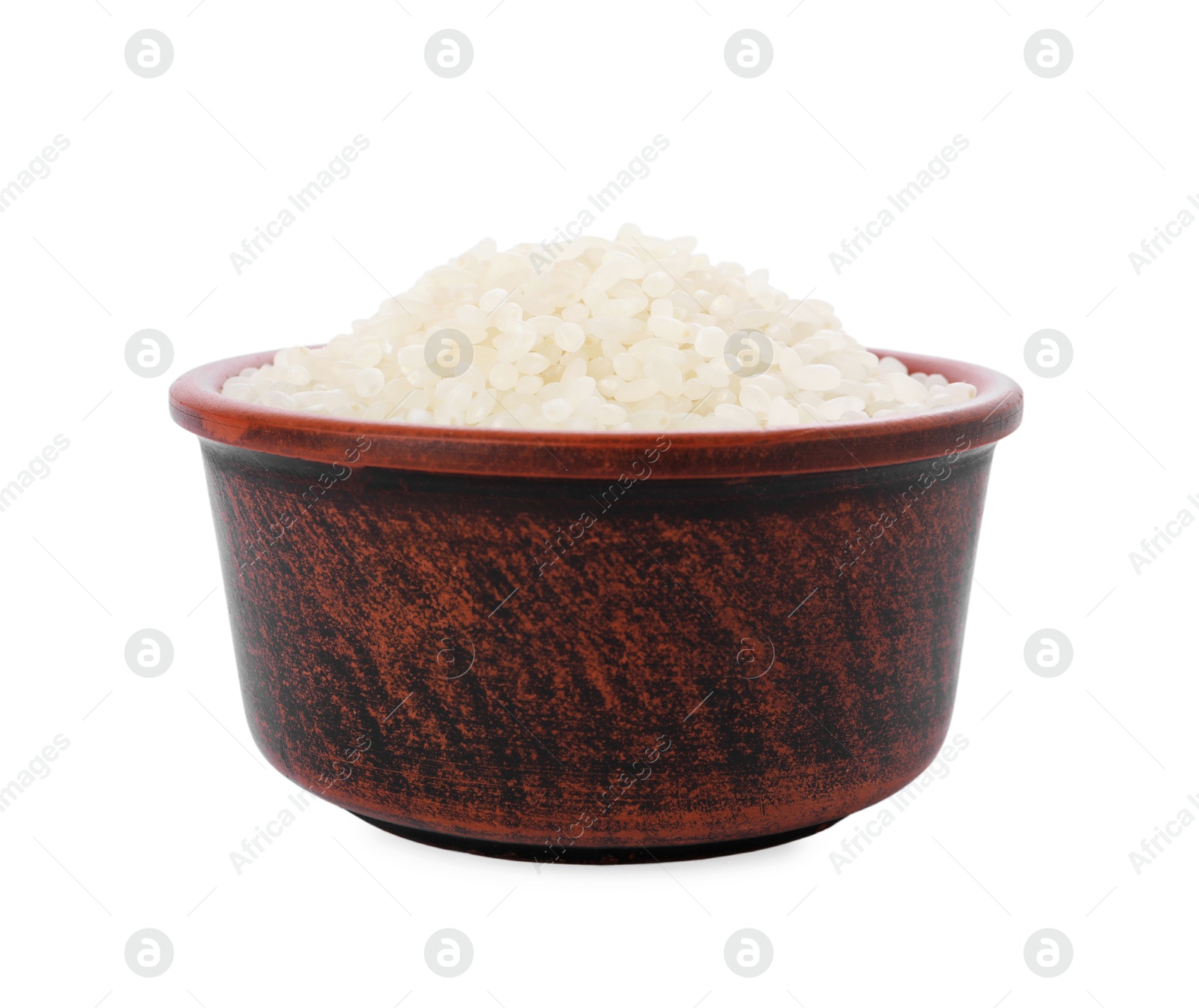 Photo of Raw rice in bowl isolated on white