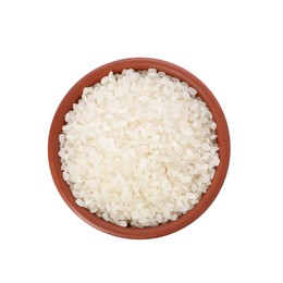 Photo of Raw rice in bowl isolated on white, top view