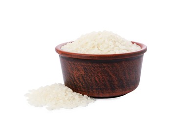 Photo of Raw rice in bowl isolated on white