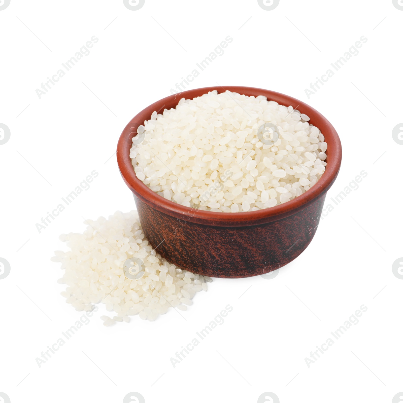 Photo of Raw rice in bowl isolated on white